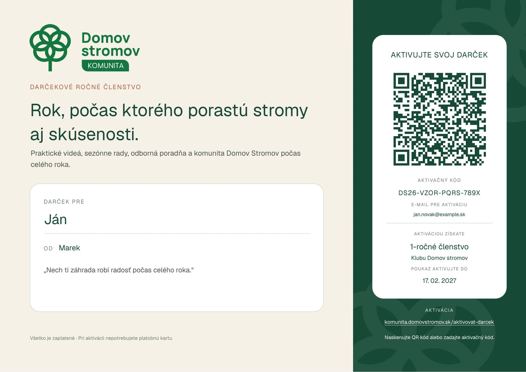 Reálny darčekový ročný poukaz Klubu Domov stromov s aktivačným QR kódom